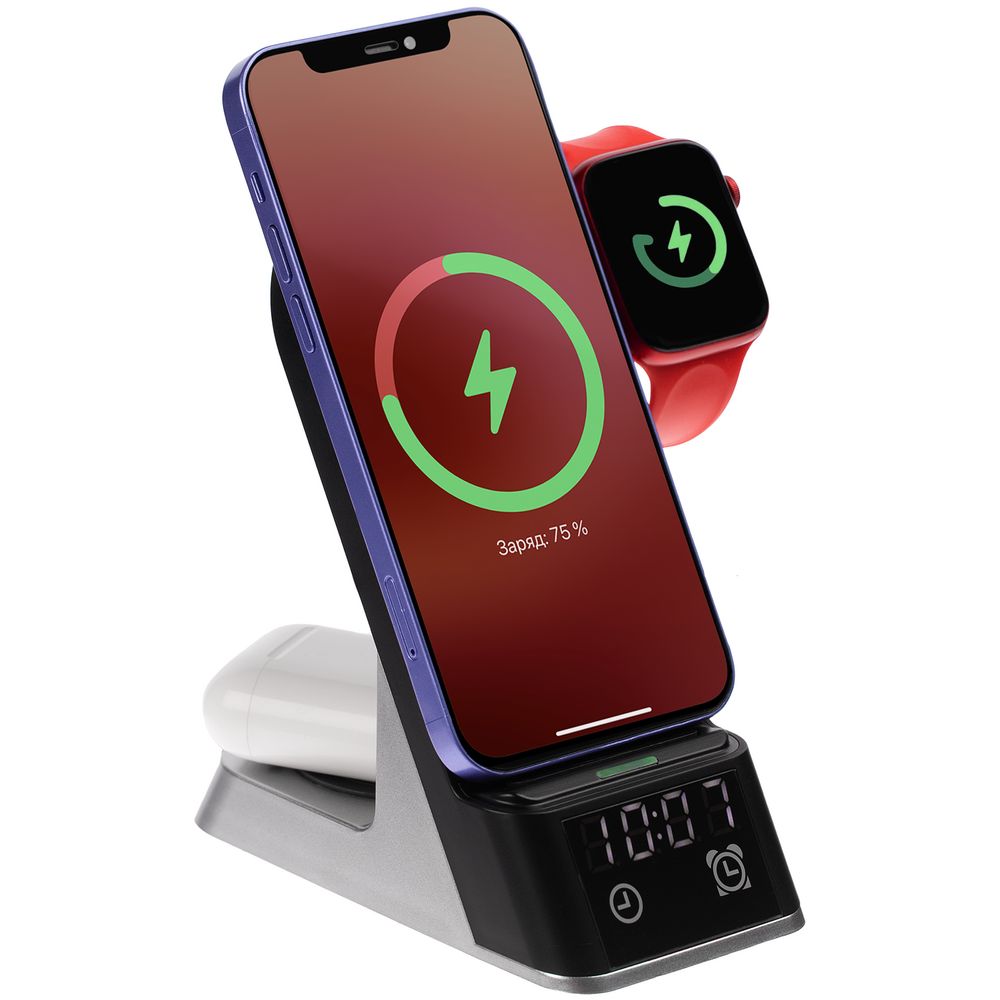 Зарядная станция с часами E-Store для смартфона, часов и наушников